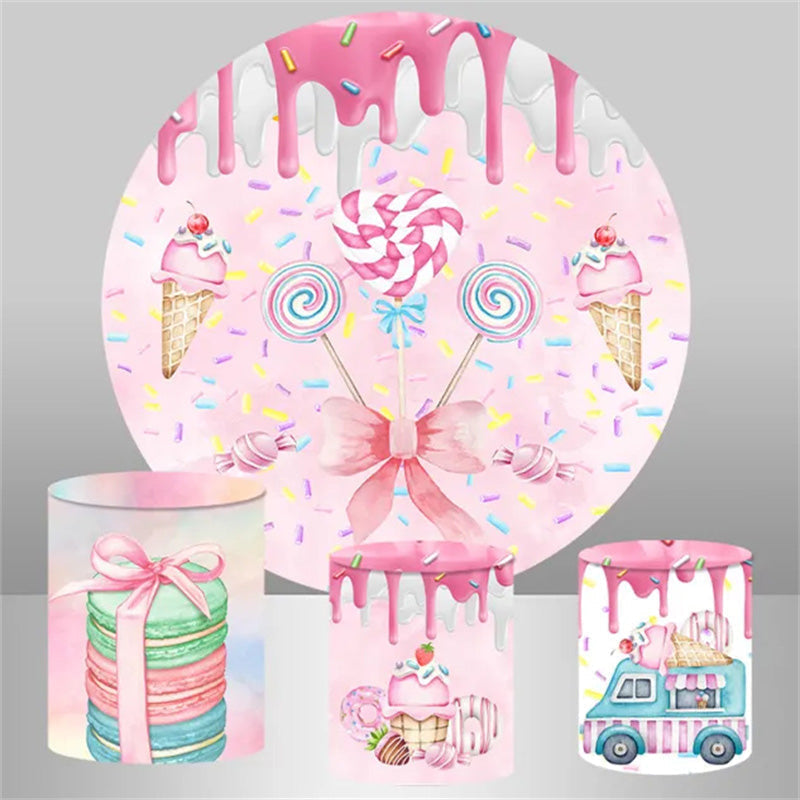 Aperturee Ice Cream Lollipop Pink Round Birthday Backdrop Kit