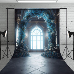 Aperturee - Indoor Room Arch Blue Floral Window Photo Backdrop