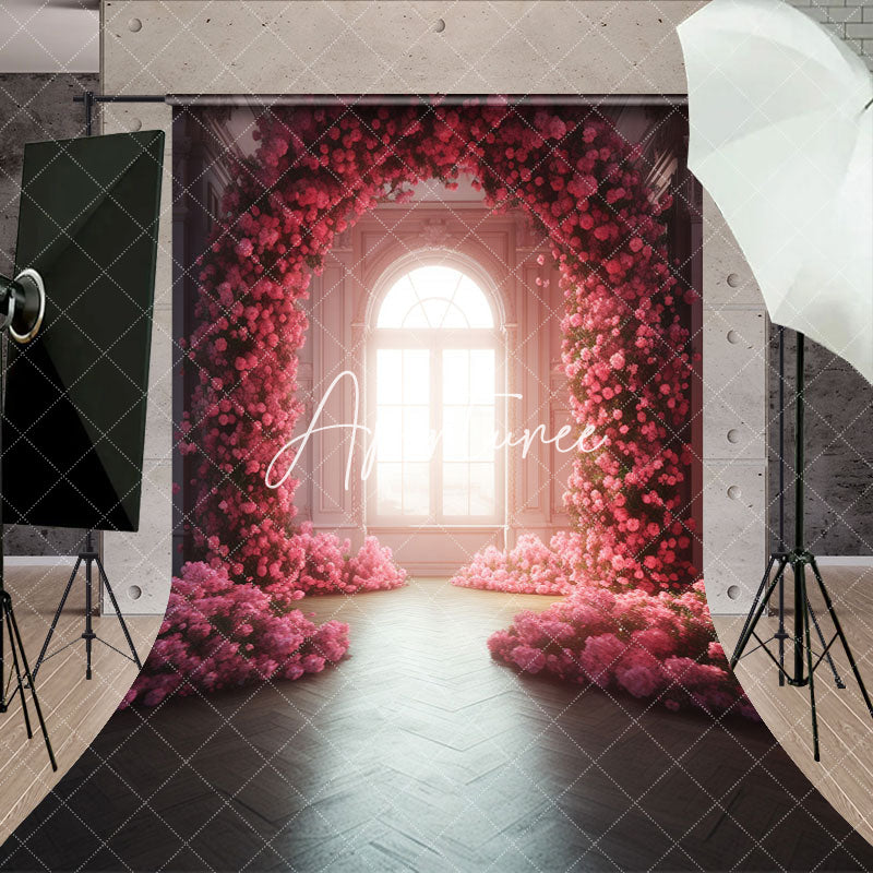 Aperturee - Indoor Room Arch Pink Floral Window Photo Backdrop