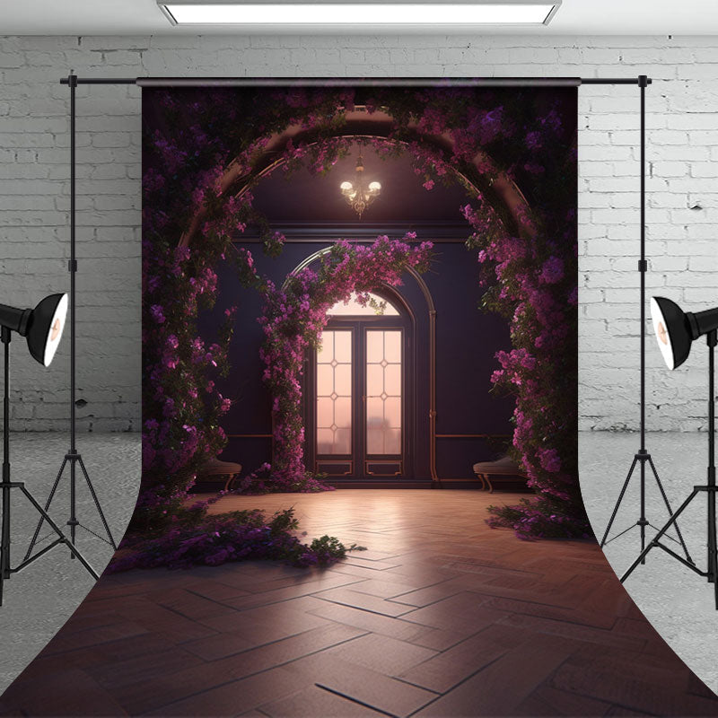 Aperturee - Indoor Room Arch Purple Floral Window Photo Backdrop