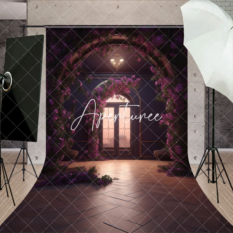 Aperturee - Indoor Room Arch Purple Floral Window Photo Backdrop