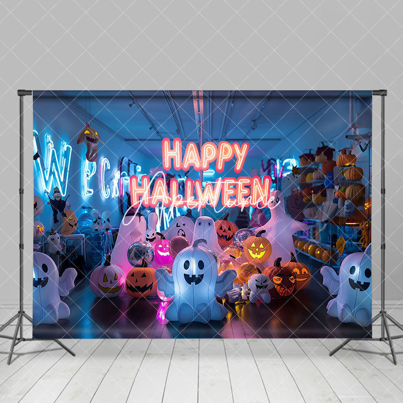 Aperturee - Indoor Room Ghosts Neon Happy Halloween Backdrop