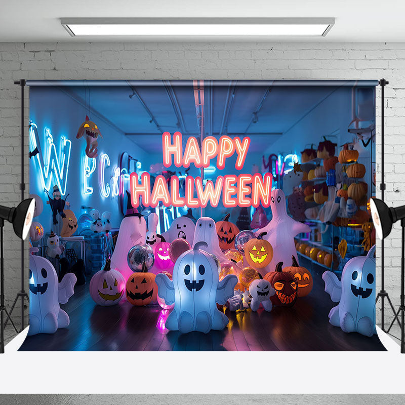 Aperturee - Indoor Room Ghosts Neon Happy Halloween Backdrop