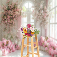 Aperturee - Indoor White Arch Door Pink Floral Wedding Backdrop