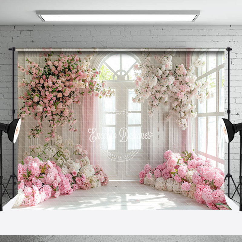 Aperturee - Indoor White Arch Door Pink Floral Wedding Backdrop