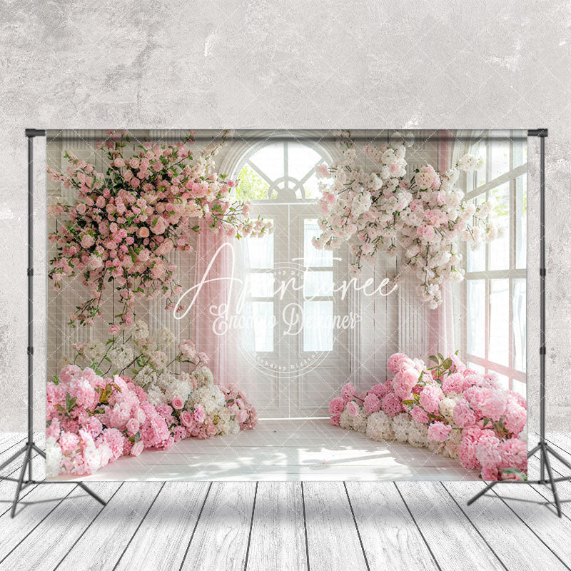 Aperturee - Indoor White Arch Door Pink Floral Wedding Backdrop