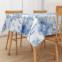 Aperturee - Ink Blue Color Floral Bird Art Rectangle Tablecloth