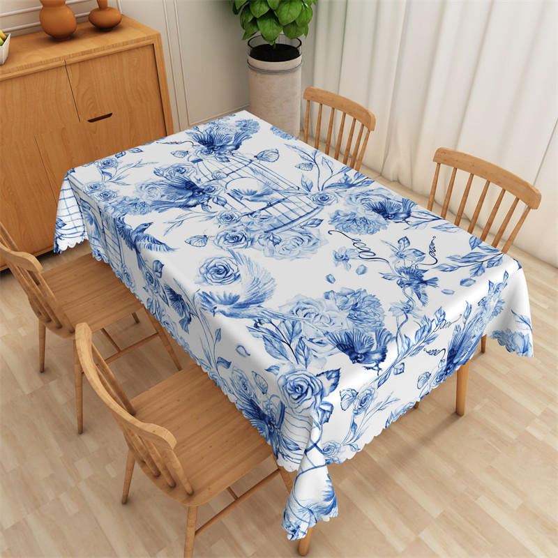 Aperturee - Ink Blue Color Floral Bird Art Rectangle Tablecloth