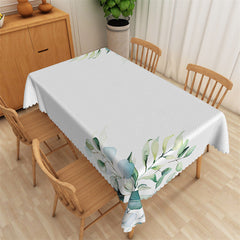 Aperturee - Ink Green Leaves Simple White Rectangle Tablecloth