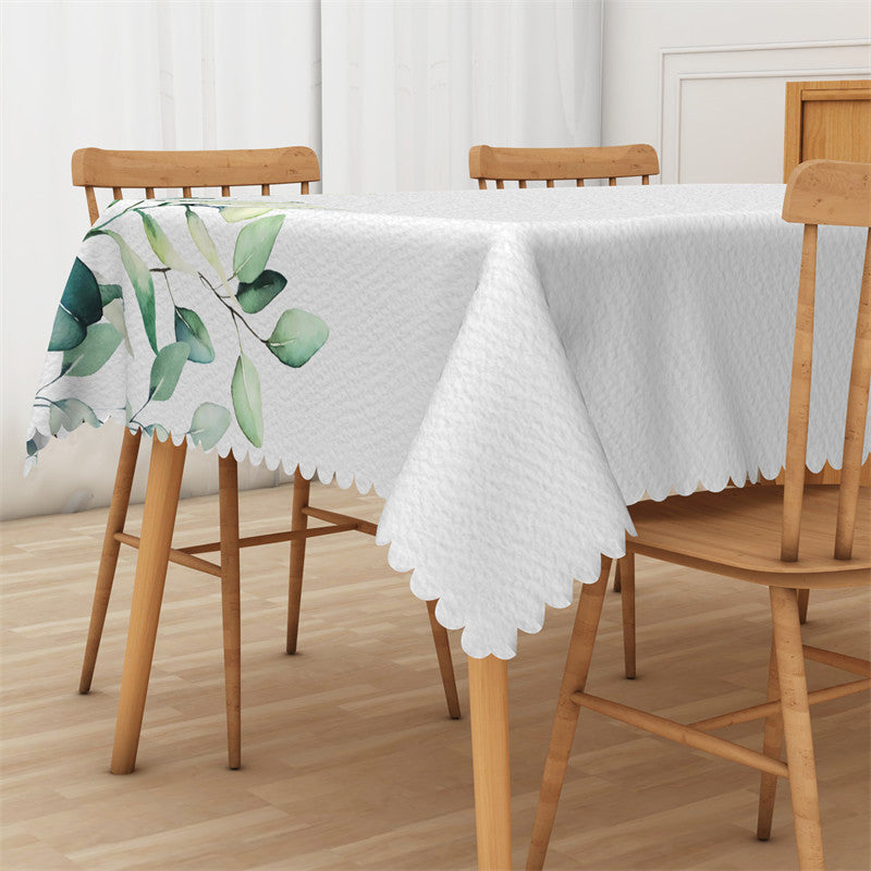 Aperturee - Ink Green Leaves Simple White Rectangle Tablecloth