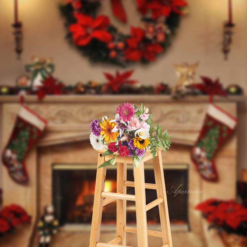 Aperturee - Interior Fireplace Stocking Christmas Photo Backdrop