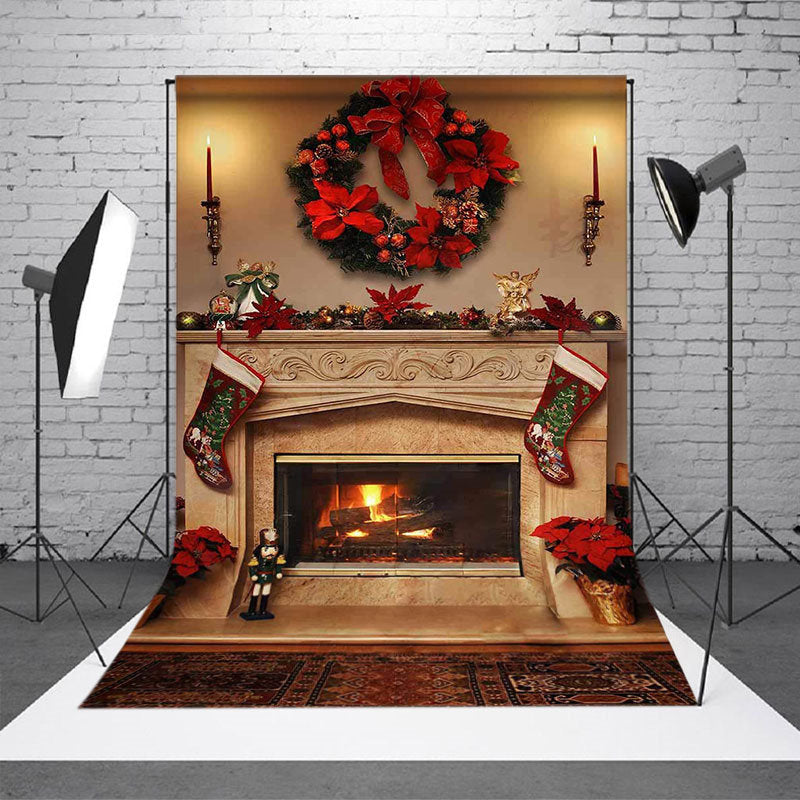 Aperturee - Interior Fireplace Stocking Christmas Photo Backdrop