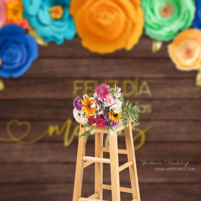 Aperturee - Iridescent Floral Wooden Mothers Day Party Backdrop