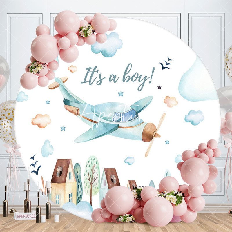 Aperturee It Is A Boy Airplane Round Baby Shower Backdrop