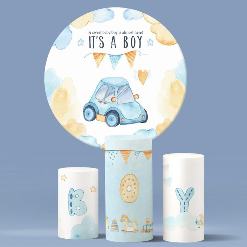 Aperturee Its A Boy Blue Car Round Backdrop Kit For Baby Shower