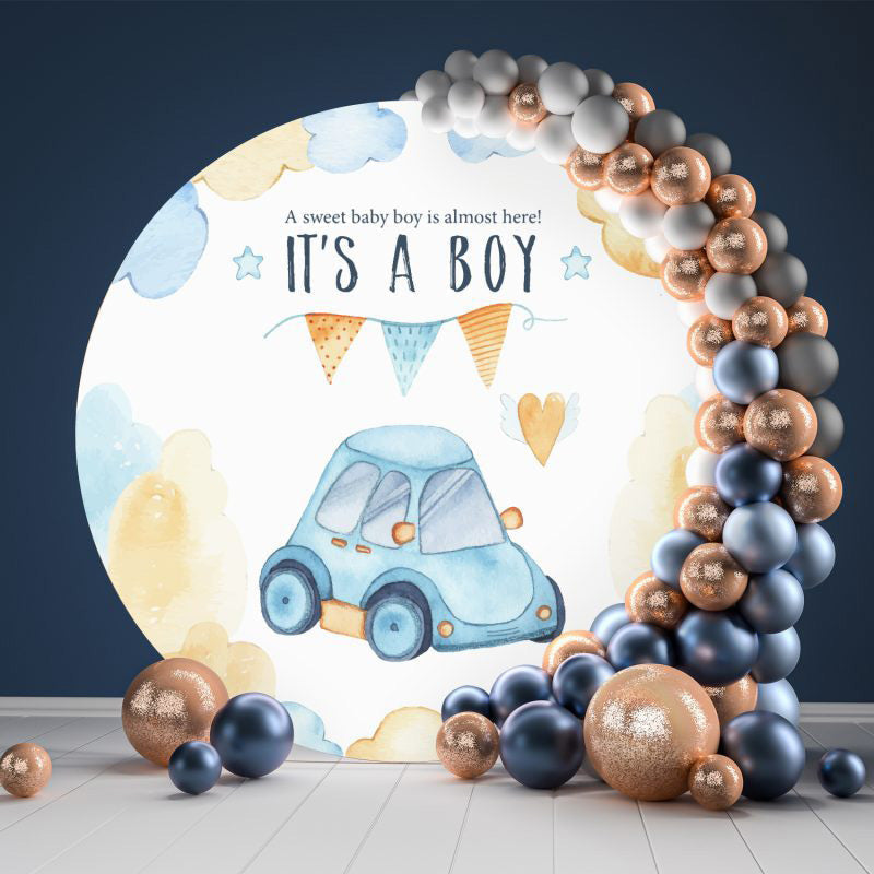 Aperturee - Its A Boy Blue Car Round Backdrop Kit For Baby Shower