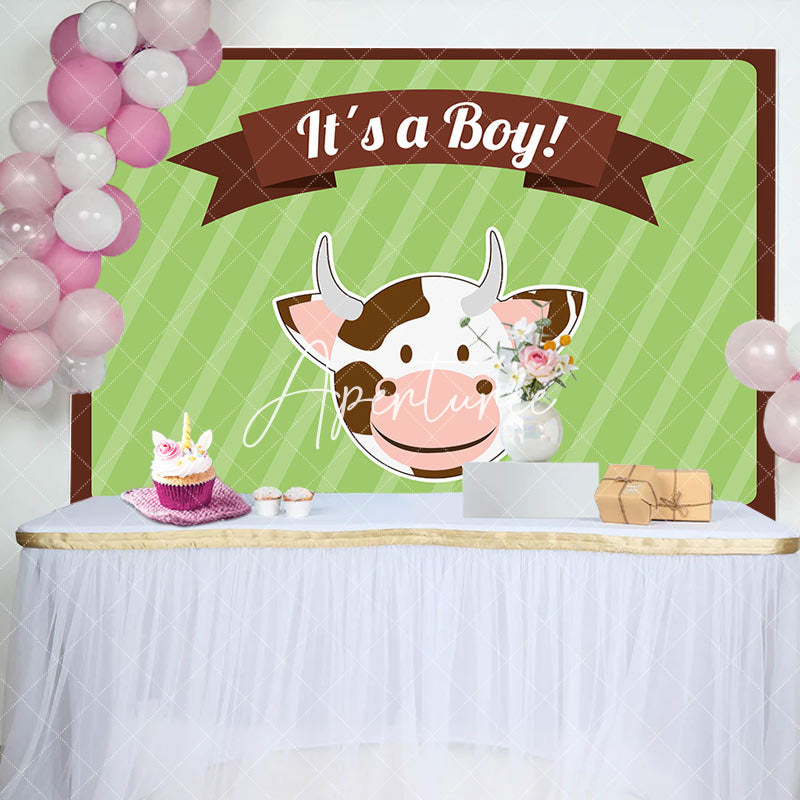 Aperturee - Its A Boy Cute Cow Green Stripe Baby Shower Backdrop