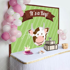 Aperturee - Its A Boy Cute Cow Green Stripe Baby Shower Backdrop