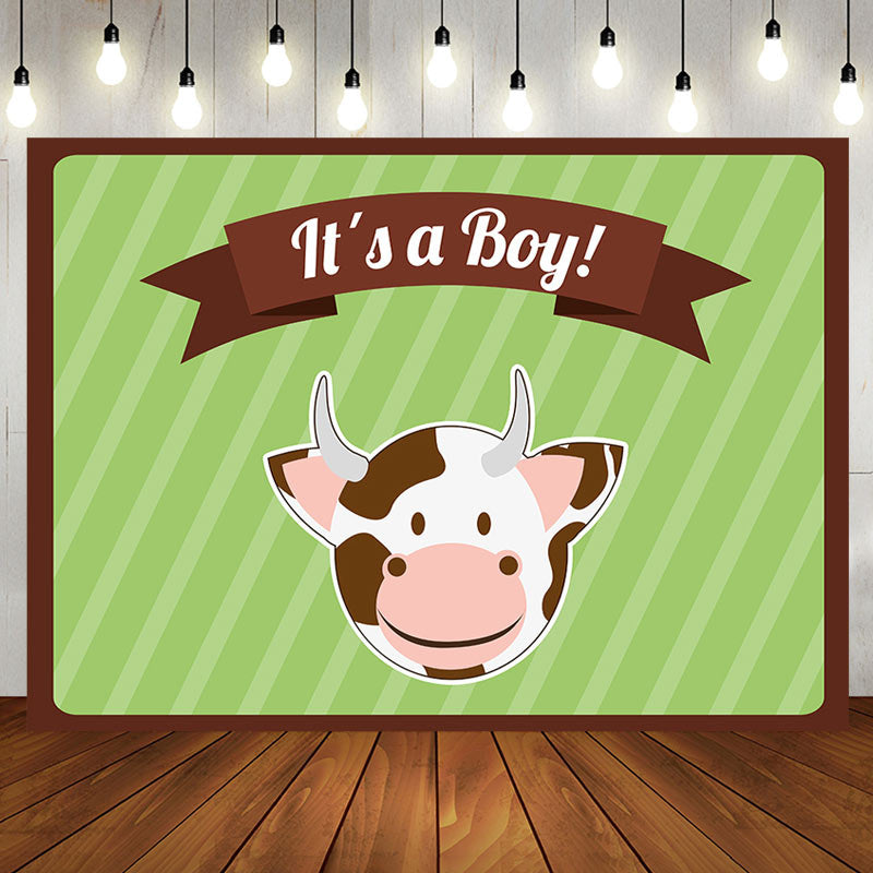 Aperturee - Its A Boy Cute Cow Green Stripe Baby Shower Backdrop