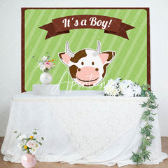 Aperturee - Its A Boy Cute Cow Green Stripe Baby Shower Backdrop