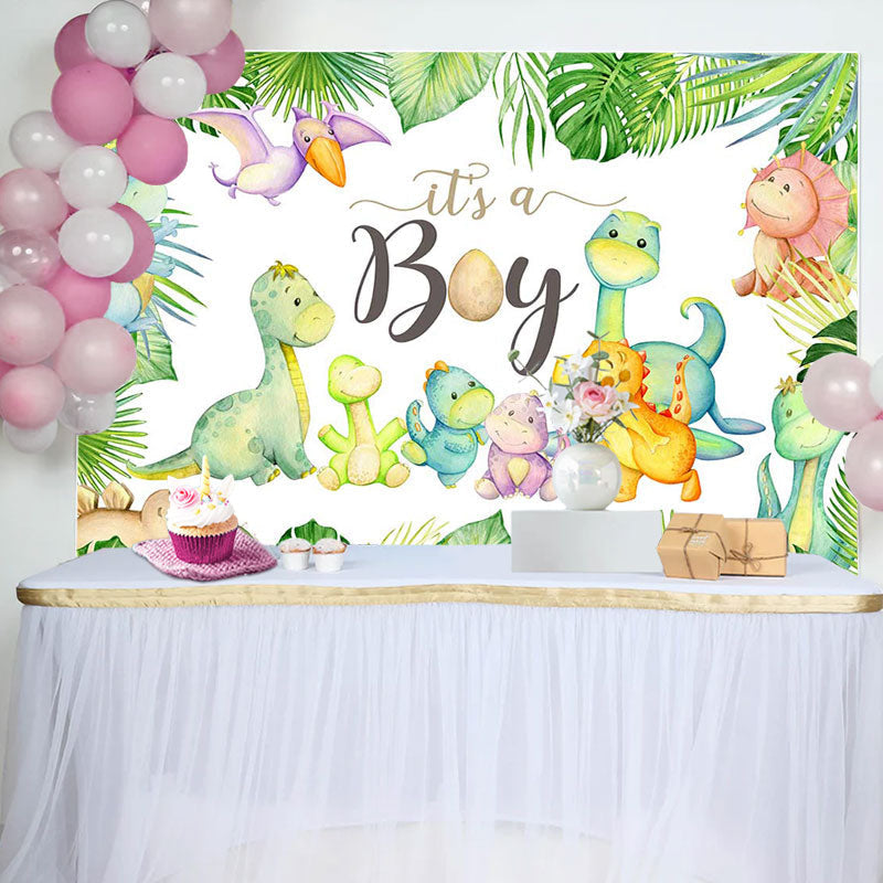 Aperturee - Its A Boy Dinosaurs Monsteras Baby Shower Backdrop