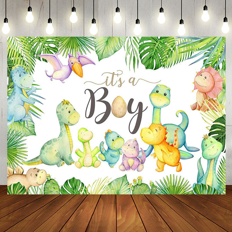 Aperturee - Its A Boy Dinosaurs Monsteras Baby Shower Backdrop