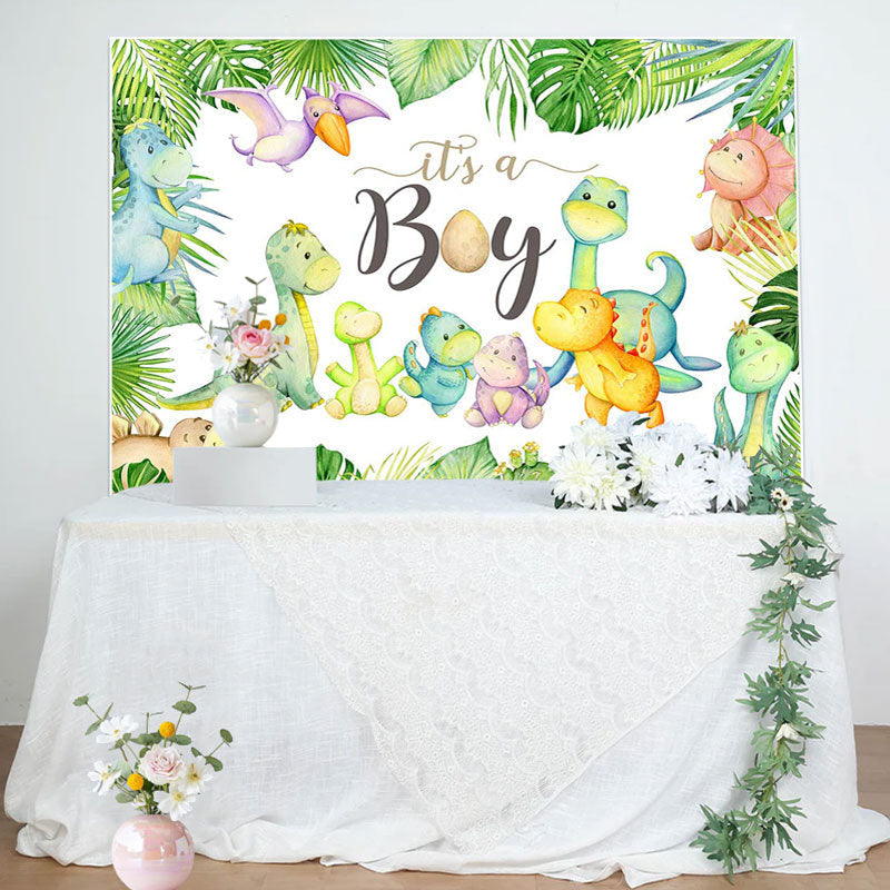 Aperturee - Its A Boy Dinosaurs Monsteras Baby Shower Backdrop