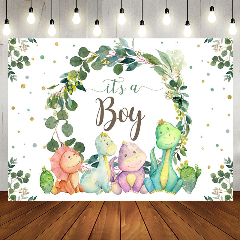 Aperturee - Its A Boy Green Leaves And Dinosaur Baby Shower Backdrop