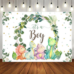 Aperturee - Its A Boy Green Leaves And Dinosaur Baby Shower Backdrop