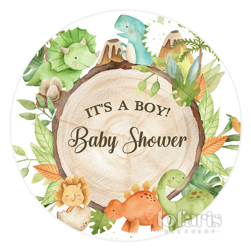 Aperturee Its A Boy Green Leaves Dinosaur Round Baby Shower Backdrop