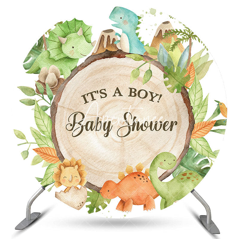 Aperturee Its A Boy Green Leaves Dinosaur Round Baby Shower Backdrop