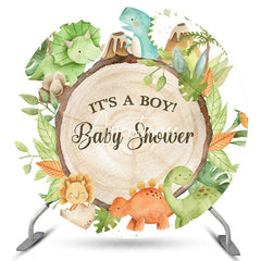 Aperturee Its A Boy Green Leaves Dinosaur Round Baby Shower Backdrop