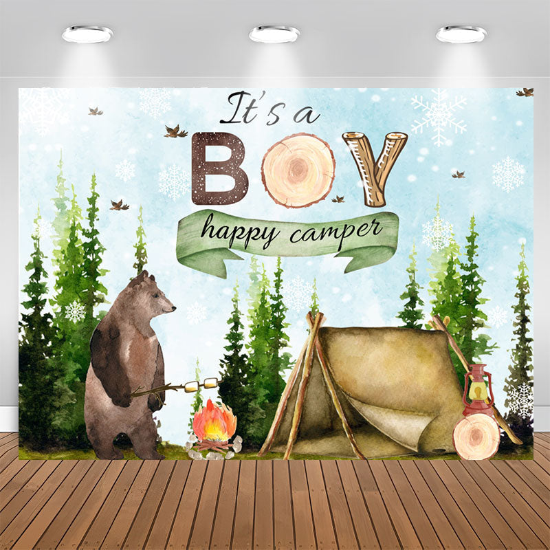 Aperturee - Its A Boy Happy Camper With Bear Baby Shower Backdrop