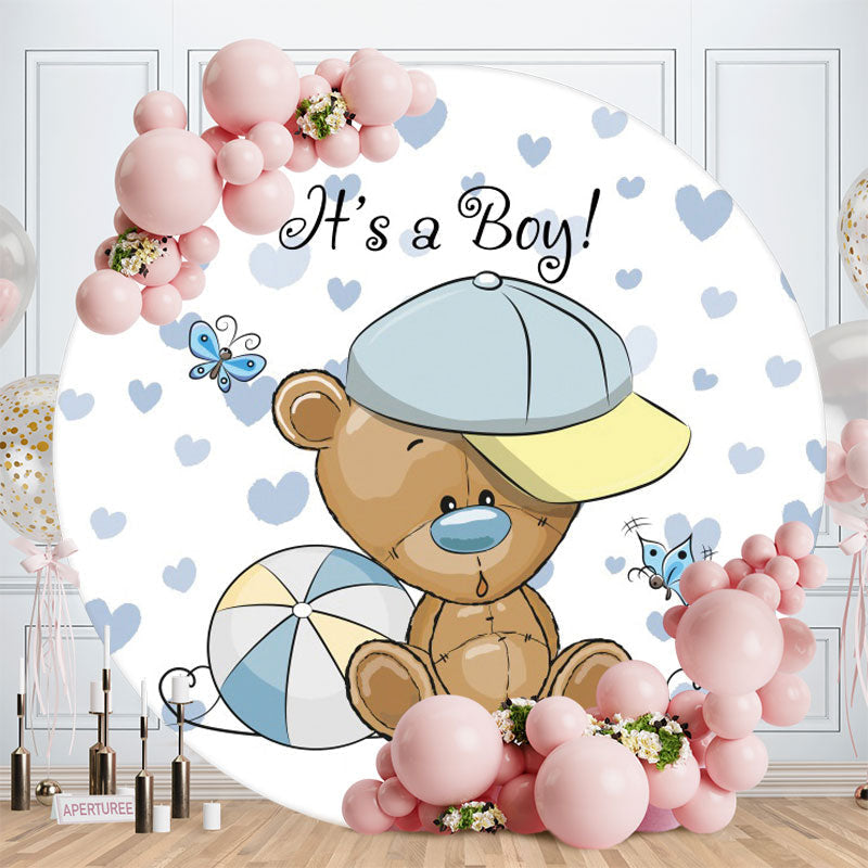 Aperturee - Its A Boy Round Blue Bear Baby Shower Backdrop