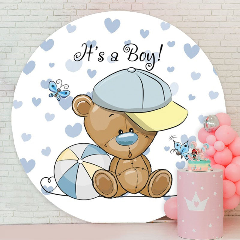 Aperturee - Its A Boy Round Blue Bear Baby Shower Backdrop