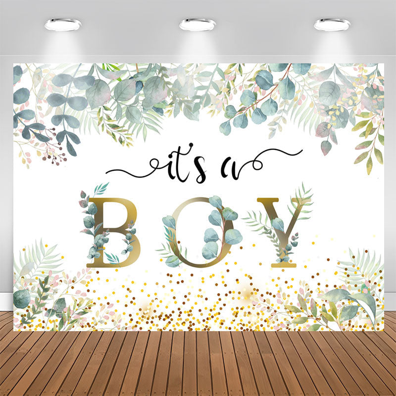 Aperturee - Its A Boy With Leaves And Spot Baby Shower Backdrop