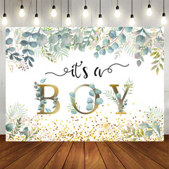 Aperturee - Its A Boy With Leaves And Spot Baby Shower Backdrop