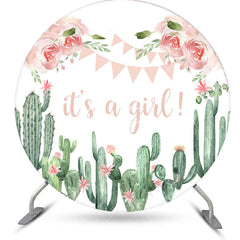 Aperturee - Its A Girl Cactus Floral Round Baby Shower Backdrop