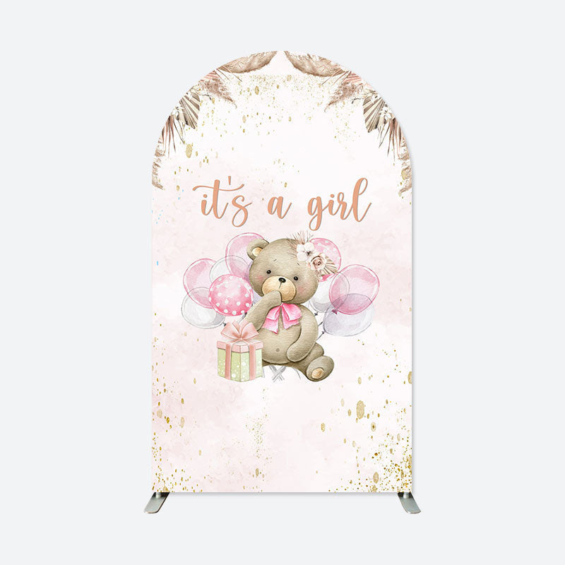 Aperturee - Its A Girl Pink Boho Bear Baby Shower Arch Backdrop