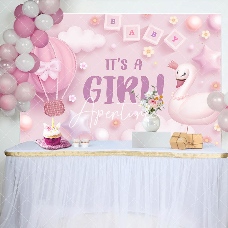 Aperturee - Its A Girl Pink Cloud Swan Gender Reveal Backdrop