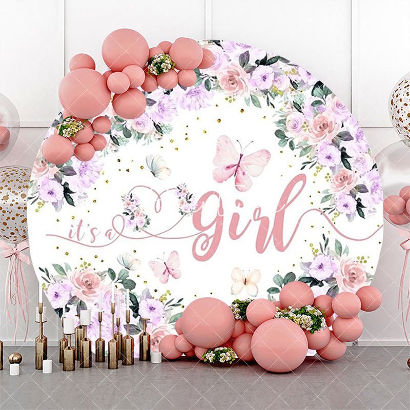 Aperturee - Its A Girl Pink Floral Round Baby Shower Backdrop