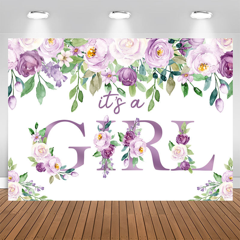 Aperturee - Its A Girl Purple Floral Baby Shower Backdrop for Party