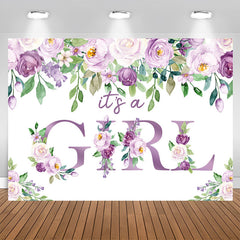 Aperturee - Its A Girl Purple Floral Baby Shower Backdrop for Party