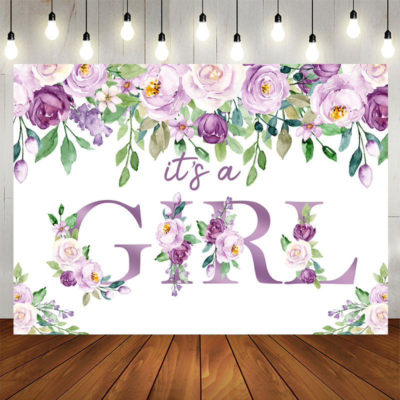 Aperturee - Its A Girl Purple Floral Baby Shower Backdrop for Party