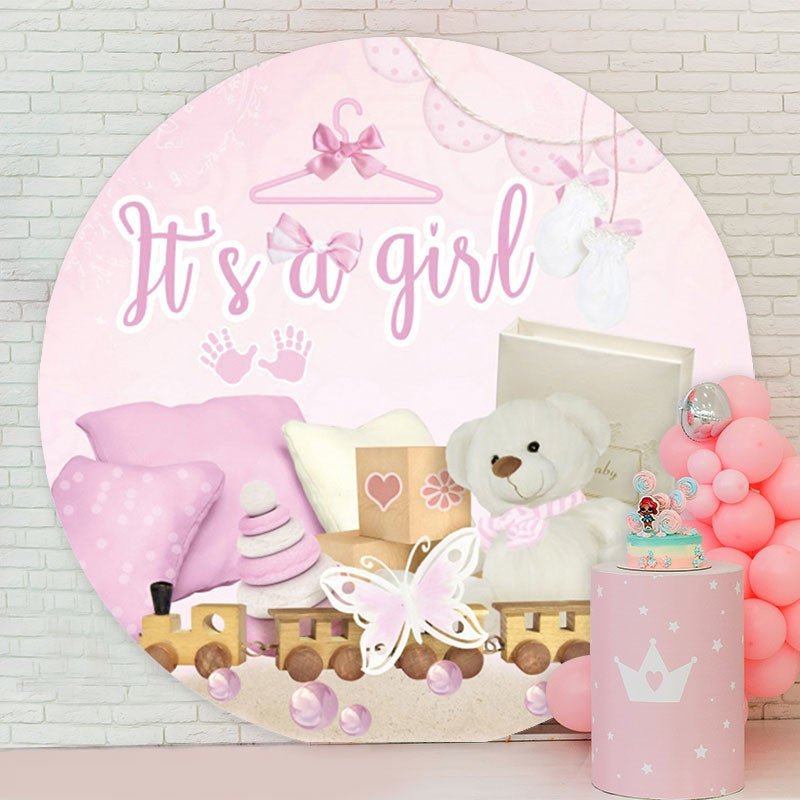 Aperturee - Its A Girl Teddy Bear Round Pink Baby Shower Backdrop