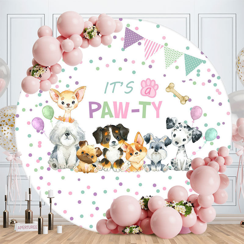 Aperturee - Its A Pawty Cute Puppies Colorful Dots Round Backdrop