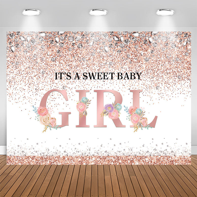 Aperturee - Its A Sweet Baby Girl Pink Floral Glitter Backdrop for Baby Shower