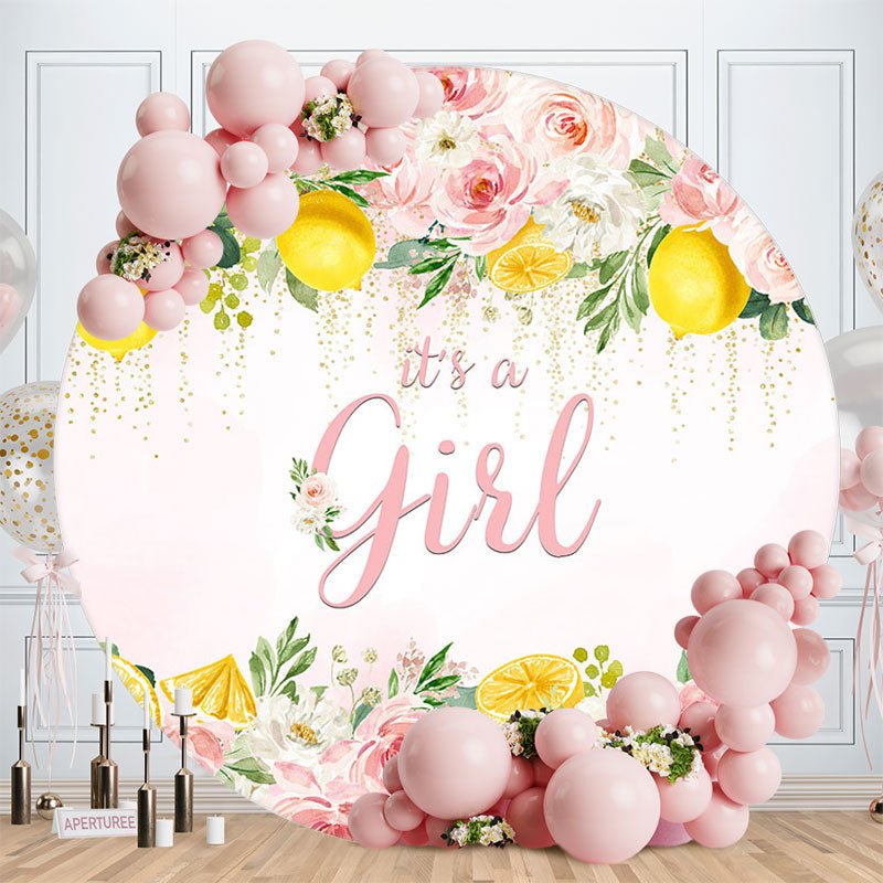 Aperturee - Its Girl Pink Floral Lemon Baby Shower Backdrop