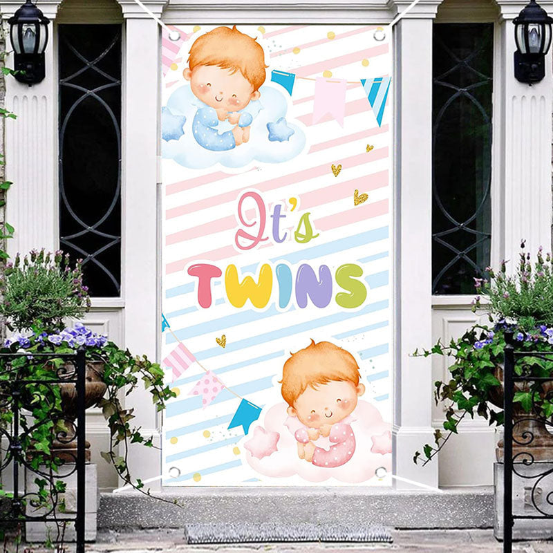 Aperturee - Its Twins Pink Blue Stripe Baby Shower Door Cover