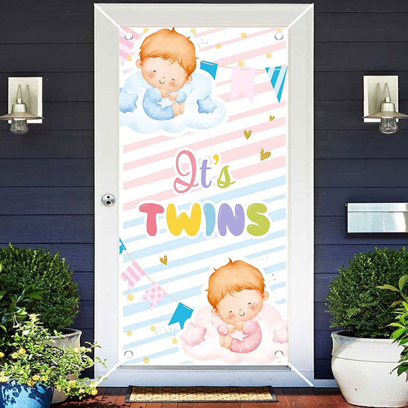 Aperturee - Its Twins Pink Blue Stripe Baby Shower Door Cover